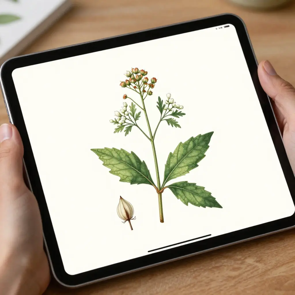 Botanische digitale illustratie van planten op een tablet