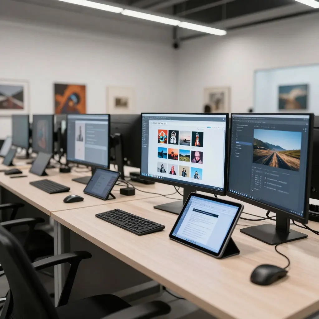 Moderne digitale kunststudio met werkplekken en tablets