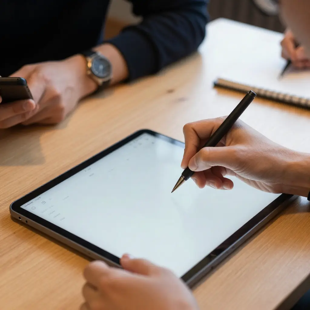 Deelnemer tekent op een digitale tablet tijdens een workshop